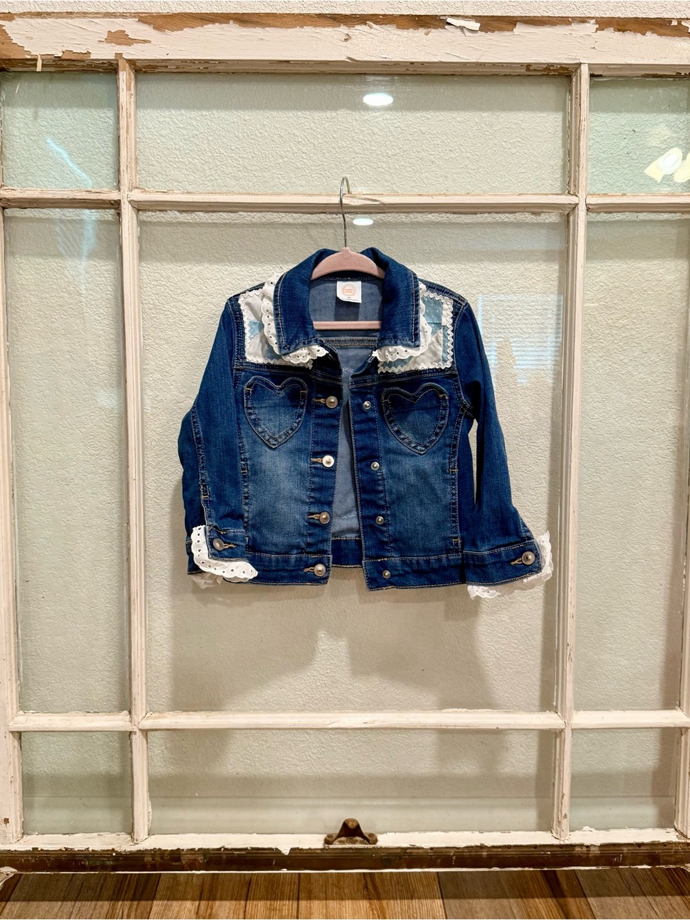 wonder nation Dark Blue Denim Jacket with Heart Pockets & quilt block appliqué